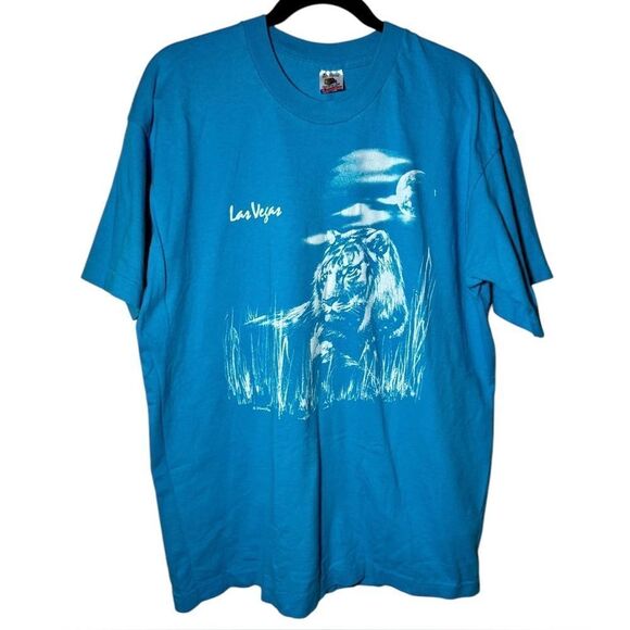 Vintage 90s Fruit Of The Look Las Vegas Tiger Puff Print Bus Tshirt Men’s XL - Picture 1 of 5